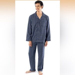 L Soft Cotton Flannel Pajama Sleep Set Navy Plaid Blue PJs Button Top Pants Bed